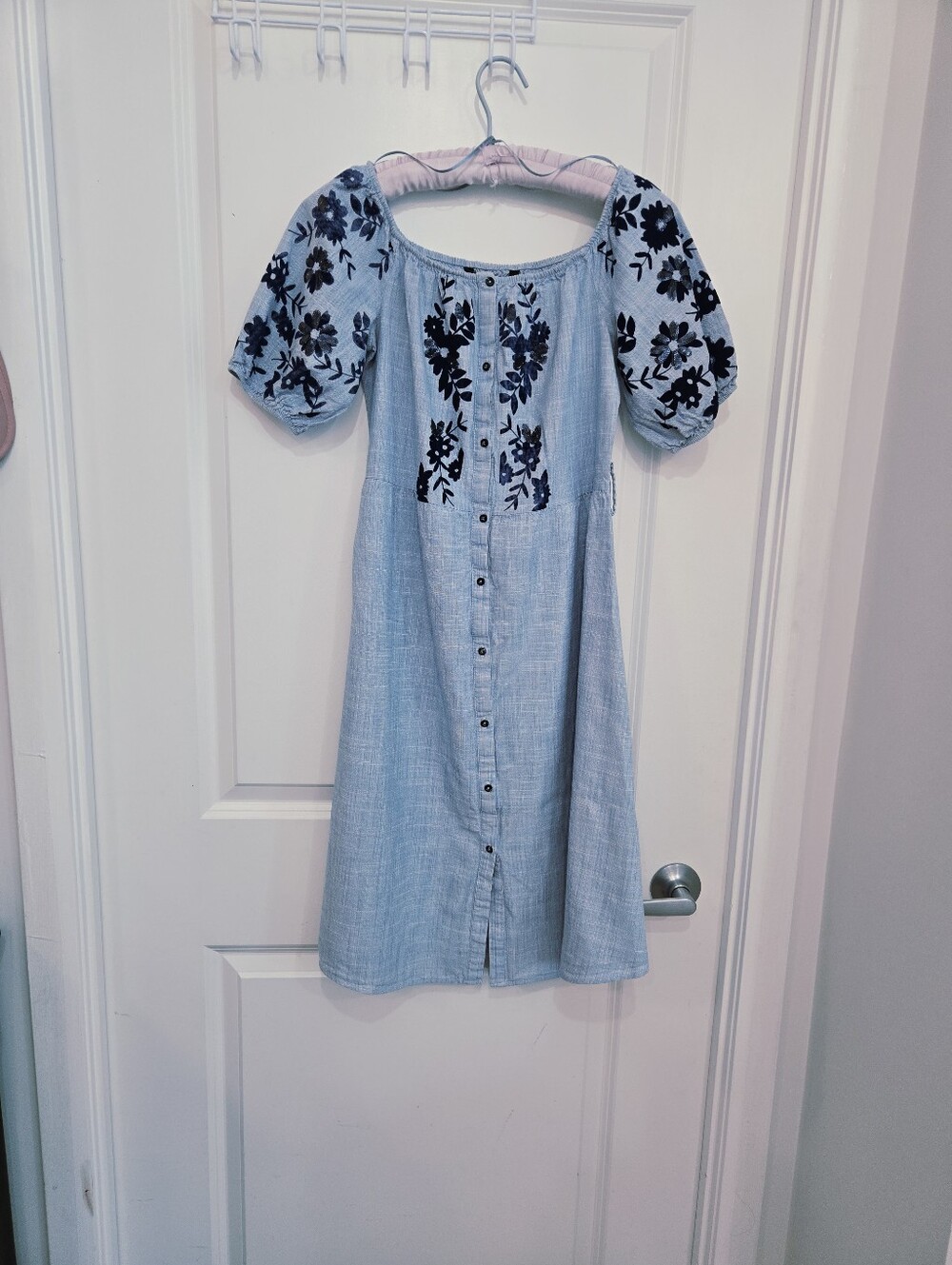 Zara Basic Cotton Light Blue Embroidered Button Front DRESS size S Patriotic